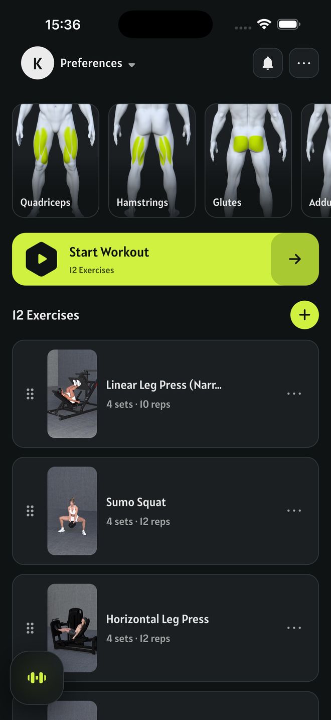 Fitzz Home: target muscles Quadriceps, Hamstrings and Glutes shown on 3D body renders, a Start Workout button and a list of 12 exercises