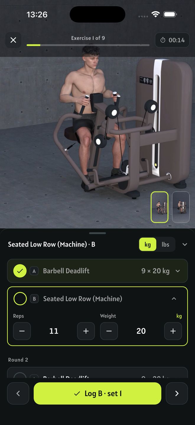 Fitzz workout player: a 3D demonstration of the seated low row with a rep and weight counter and a Log set button